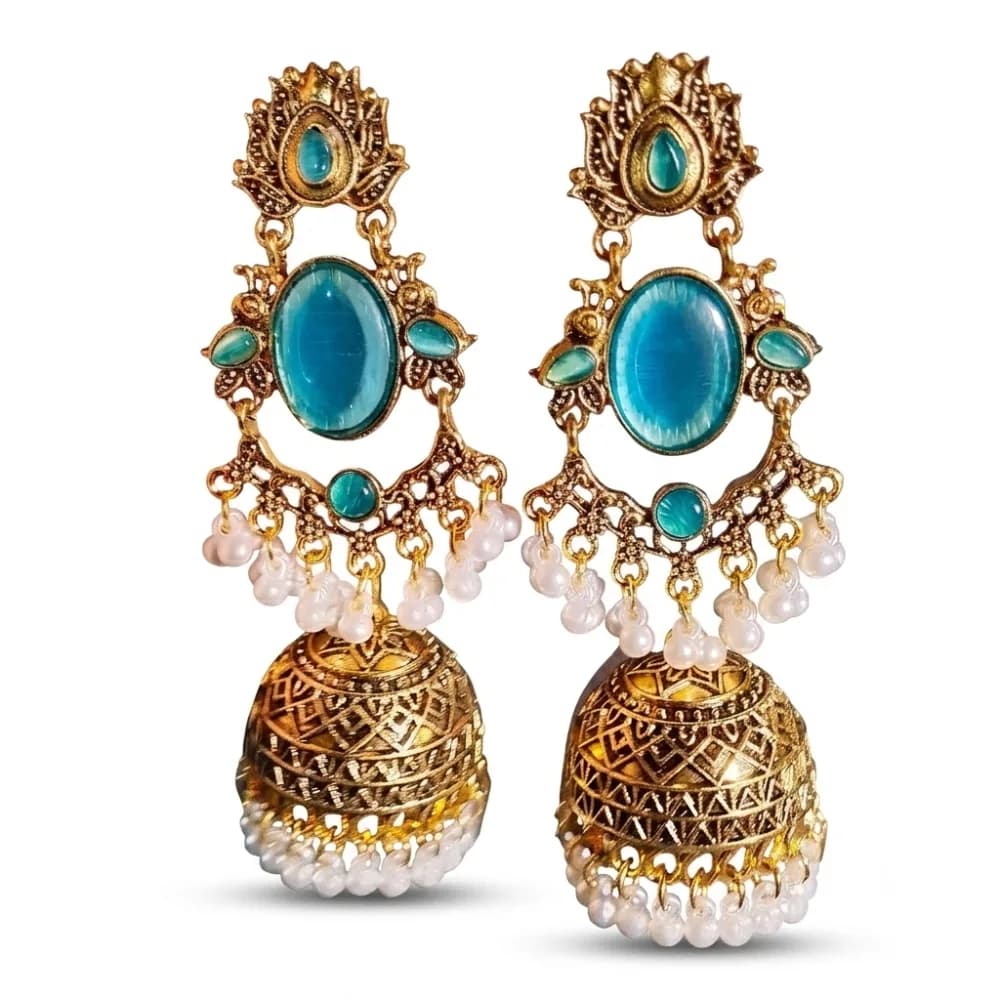 Turquoise Stone Gold Plated Jhumka Earrings