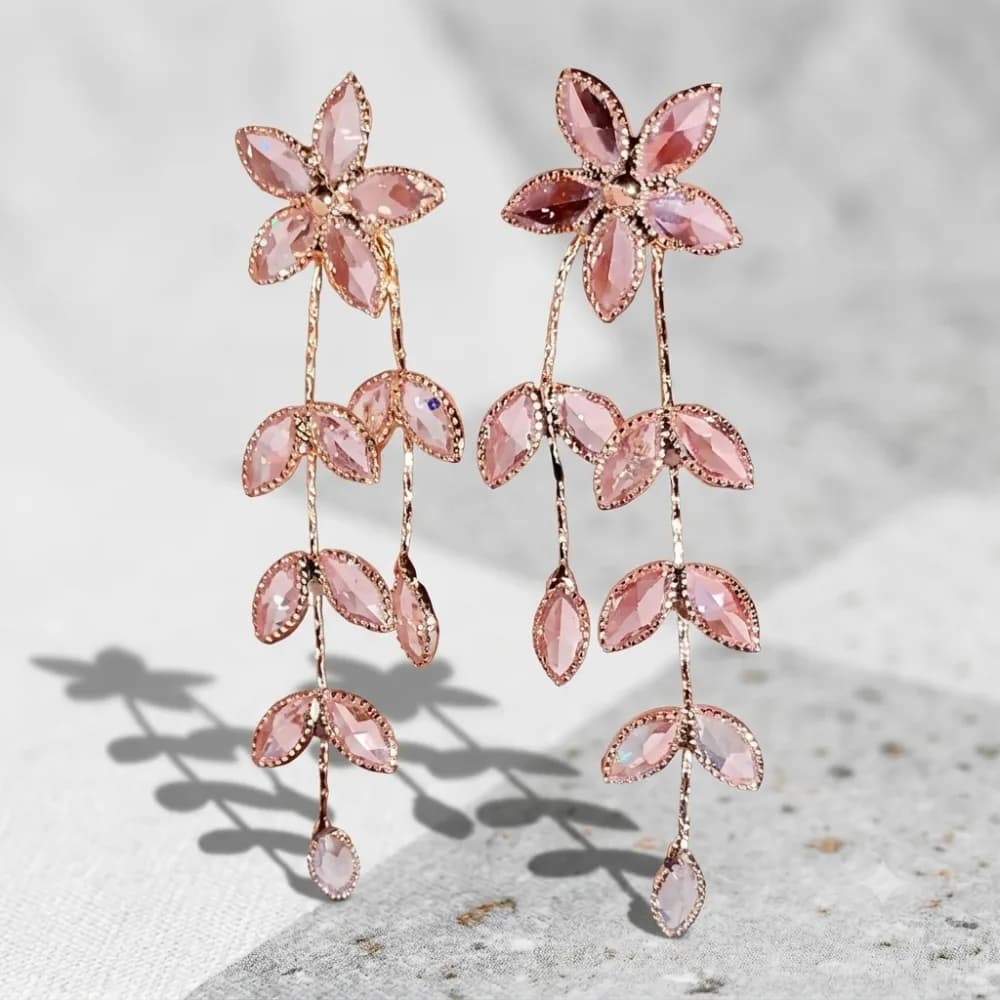 Rose Gold Leaf And Flower Dangle Earrings